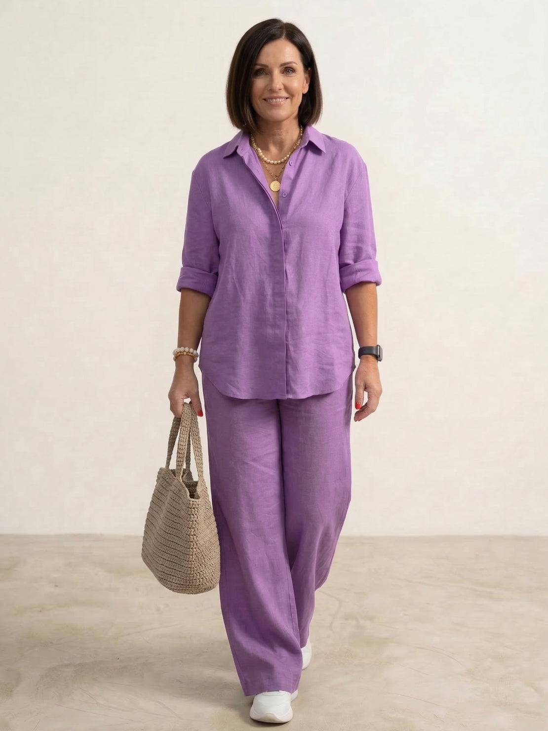 Vivian™ | Women's Casual Button-Down Shirt and Wide-Leg Pants Set