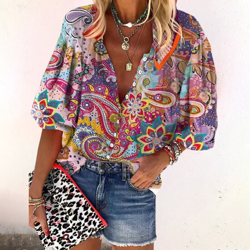Zara™ | Women's Boho Print Blouse V-Neck Long Sleeve Button Down