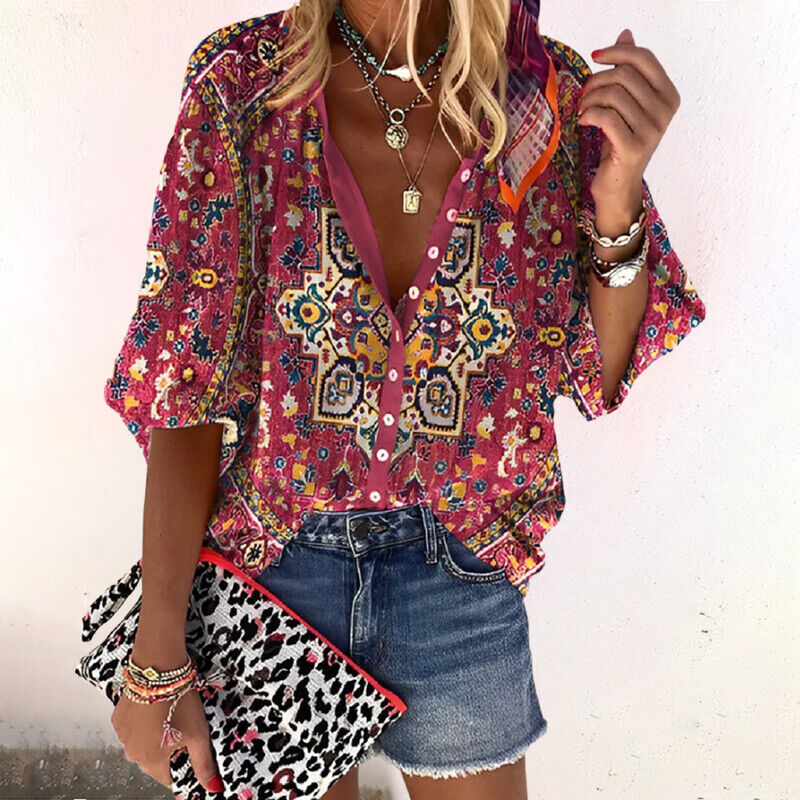 Zara™ | Women's Boho Print Blouse V-Neck Long Sleeve Button Down