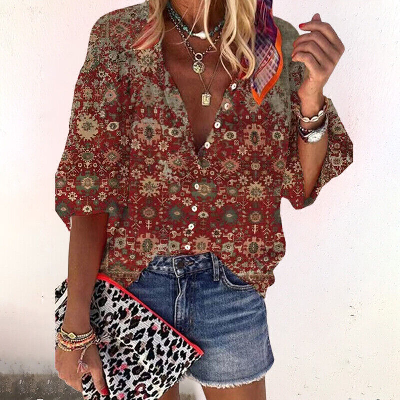 Zara™ | Women's Boho Print Blouse V-Neck Long Sleeve Button Down
