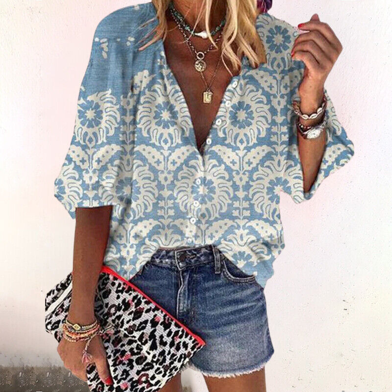 Zara™ | Women's Boho Print Blouse V-Neck Long Sleeve Button Down
