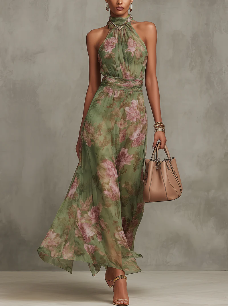 Floral Print Halter Maxi Dress with Belted Waist