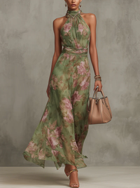 Floral Print Halter Maxi Dress with Belted Waist
