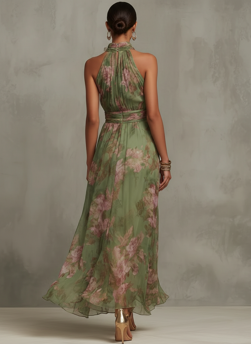 Floral Print Halter Maxi Dress with Belted Waist