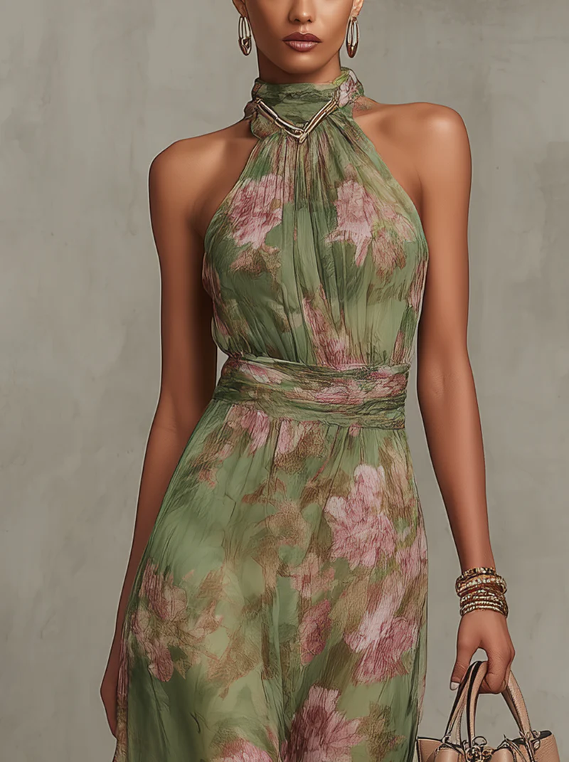 Floral Print Halter Maxi Dress with Belted Waist