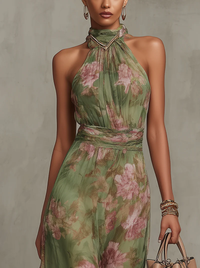 Floral Print Halter Maxi Dress with Belted Waist