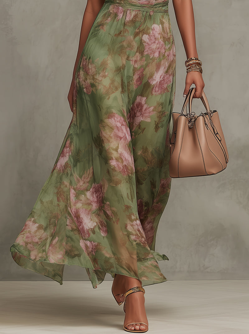 Floral Print Halter Maxi Dress with Belted Waist