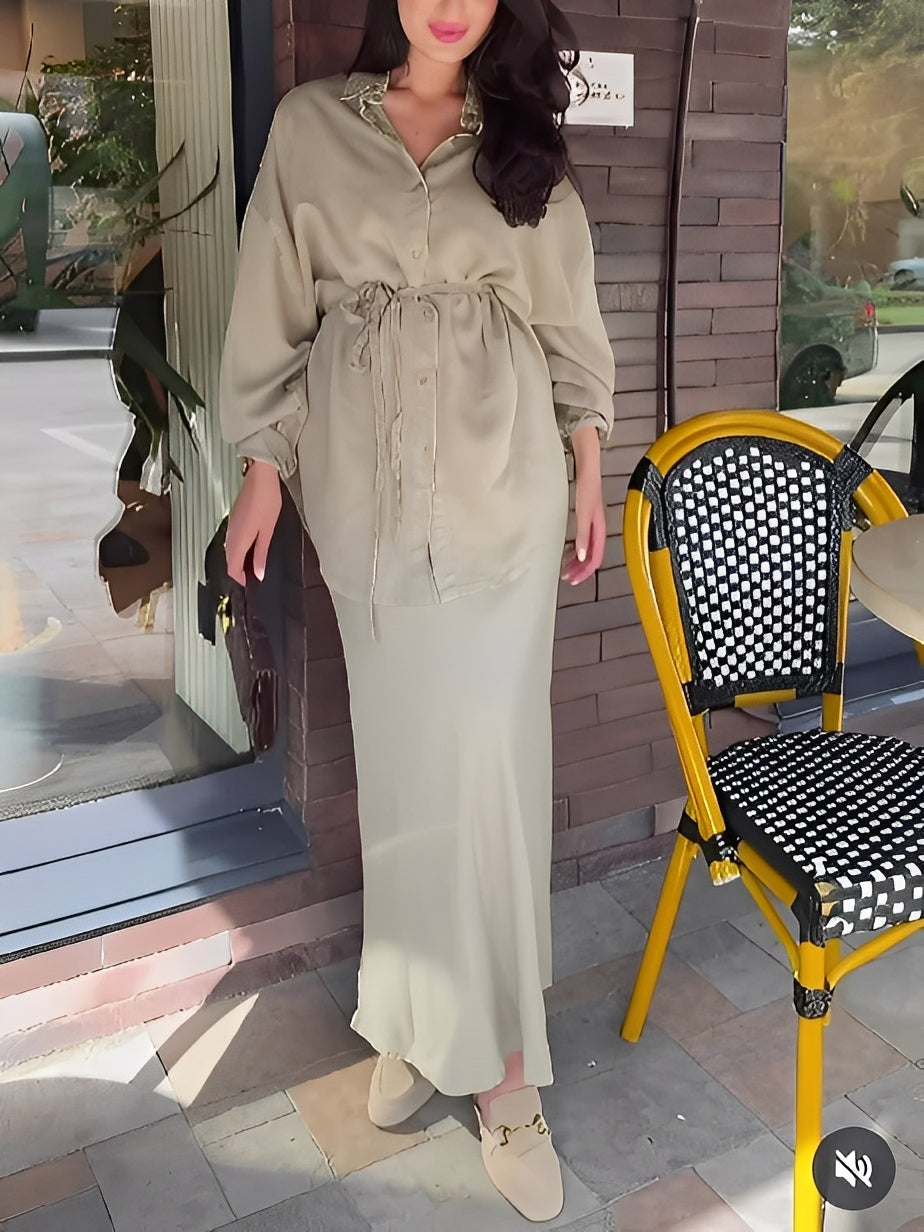 Lisa™ | Long-sleeved Tie-Drawstring Shirt and Skirt Set