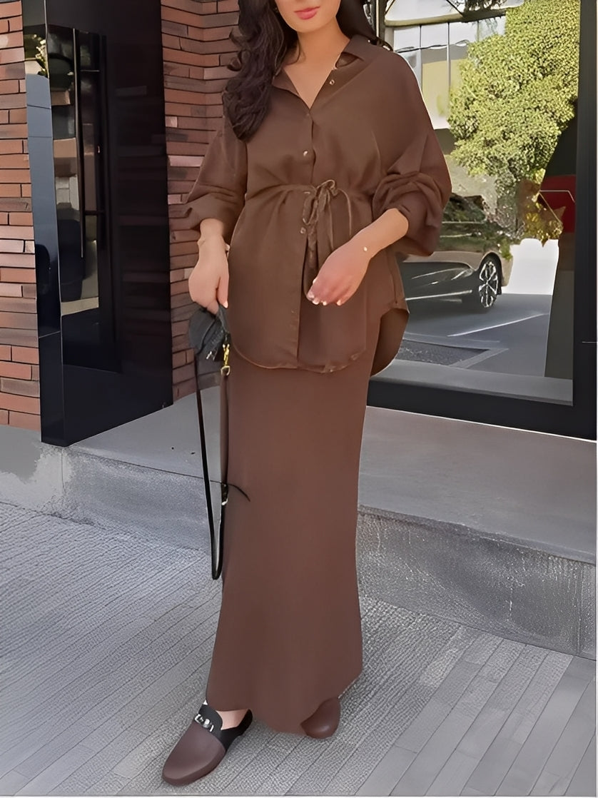 Lisa™ | Long-sleeved Tie-Drawstring Shirt and Skirt Set