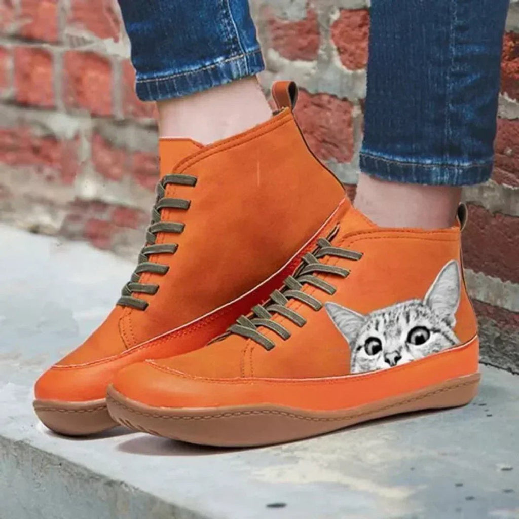 Sadie™ | Cat Print Lace-Up Ankle Boots