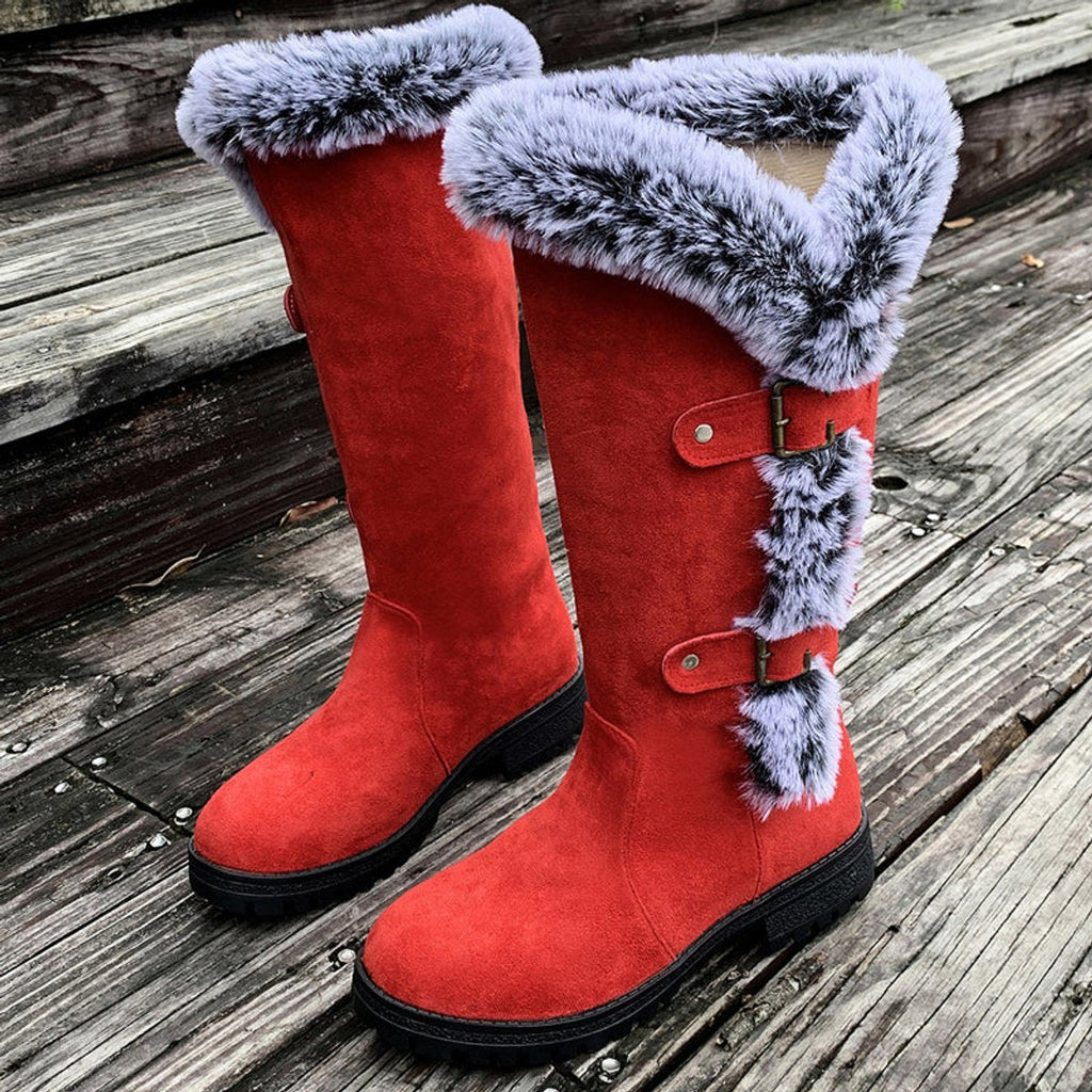 Scarlett | Women's Faux Suede Fur-Trim Buckle Knee High Boots
