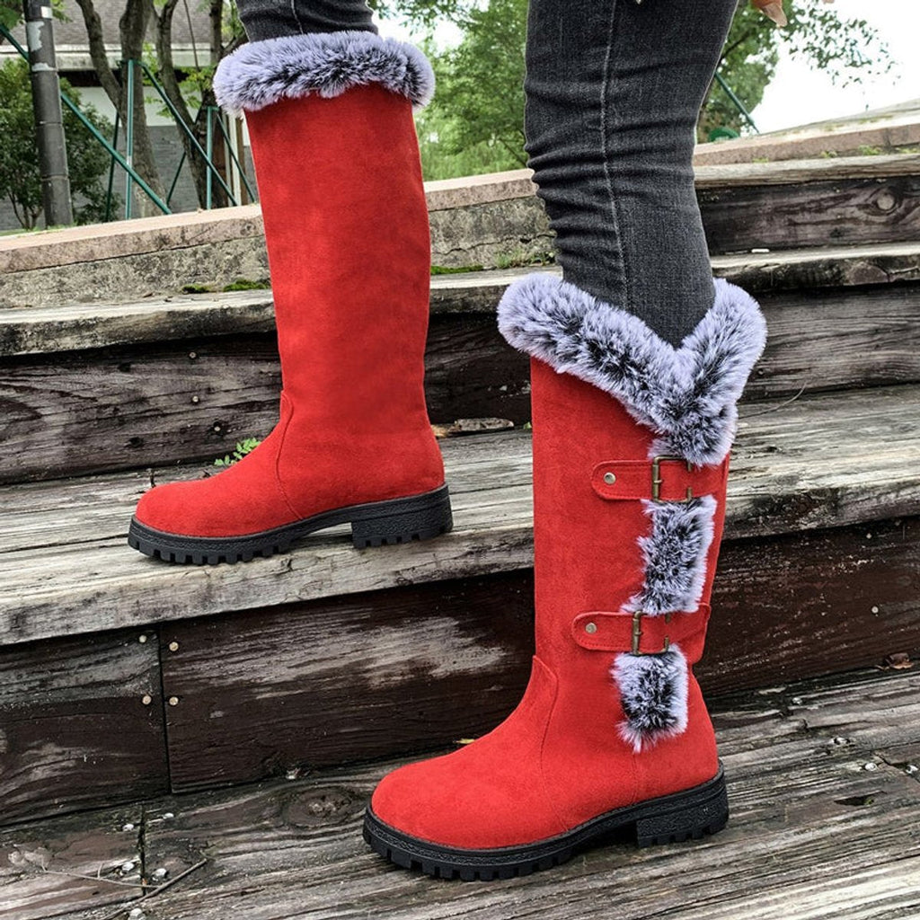 Scarlett | Women's Faux Suede Fur-Trim Buckle Knee High Boots