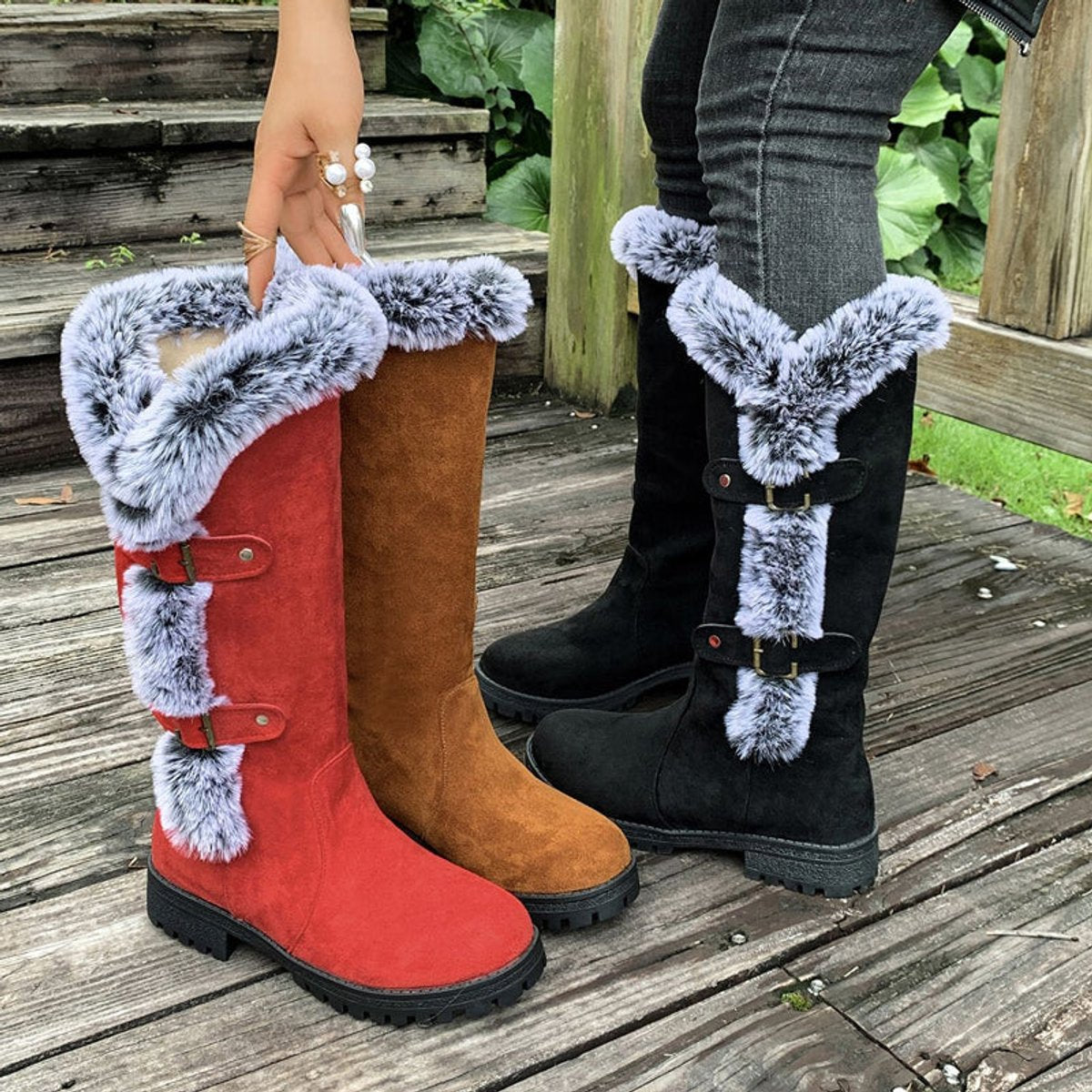Scarlett | Women's Faux Suede Fur-Trim Buckle Knee High Boots