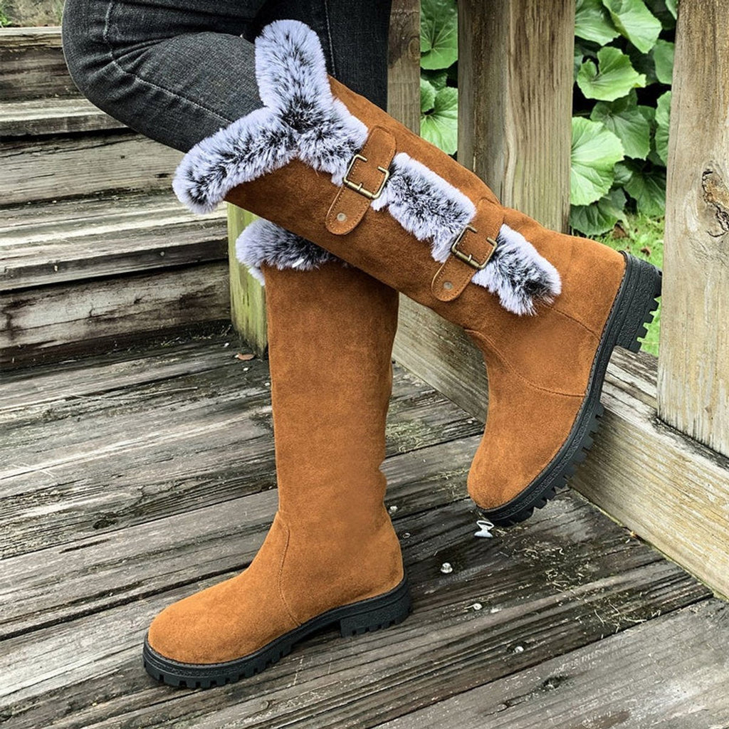 Scarlett | Women's Faux Suede Fur-Trim Buckle Knee High Boots