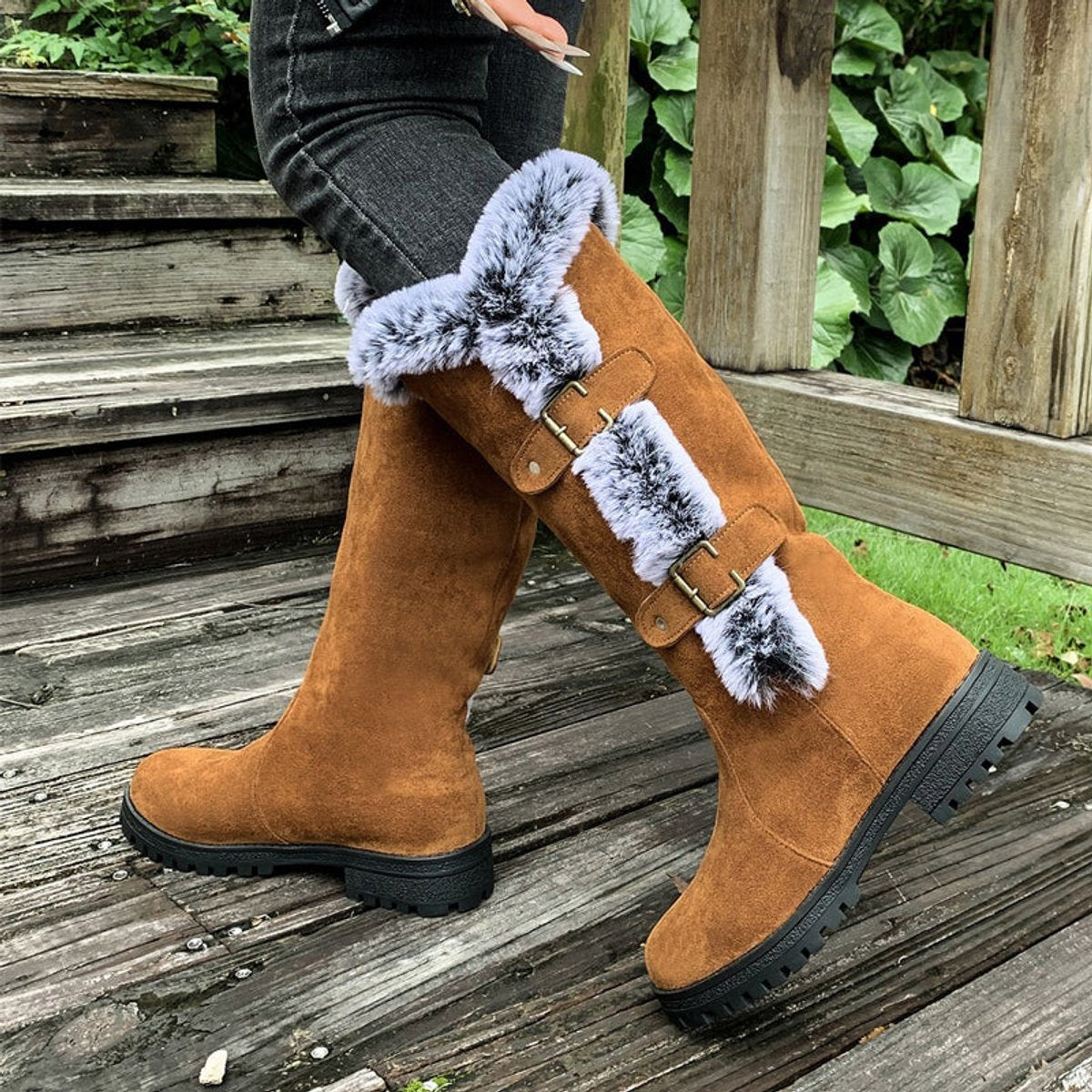 Scarlett | Women's Faux Suede Fur-Trim Buckle Knee High Boots