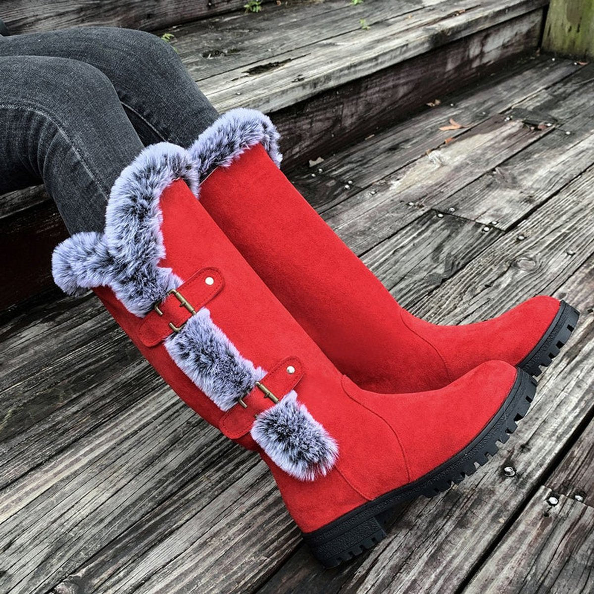 Scarlett | Women's Faux Suede Fur-Trim Buckle Knee High Boots