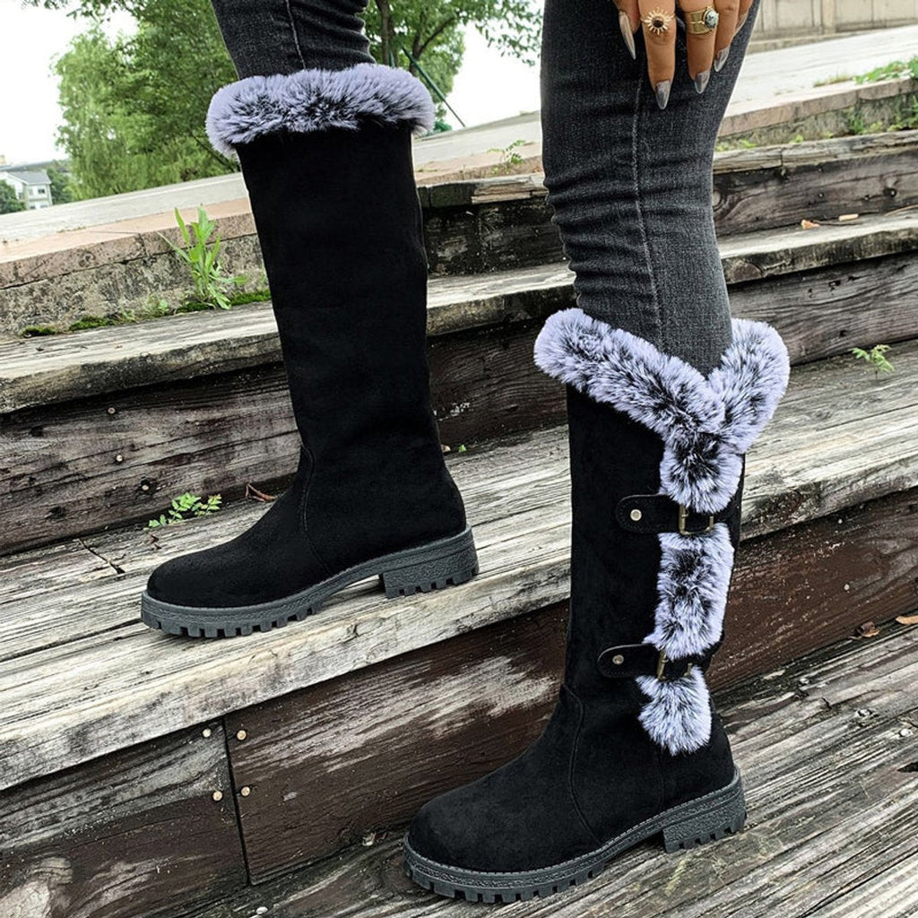 Scarlett | Women's Faux Suede Fur-Trim Buckle Knee High Boots