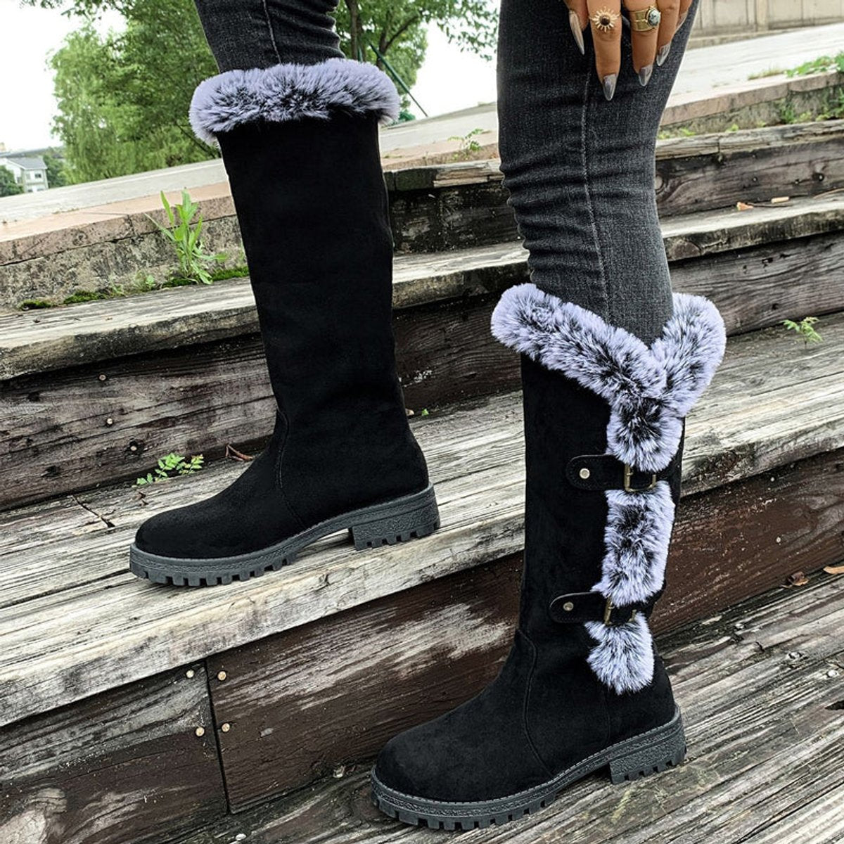 Scarlett | Women's Faux Suede Fur-Trim Buckle Knee High Boots