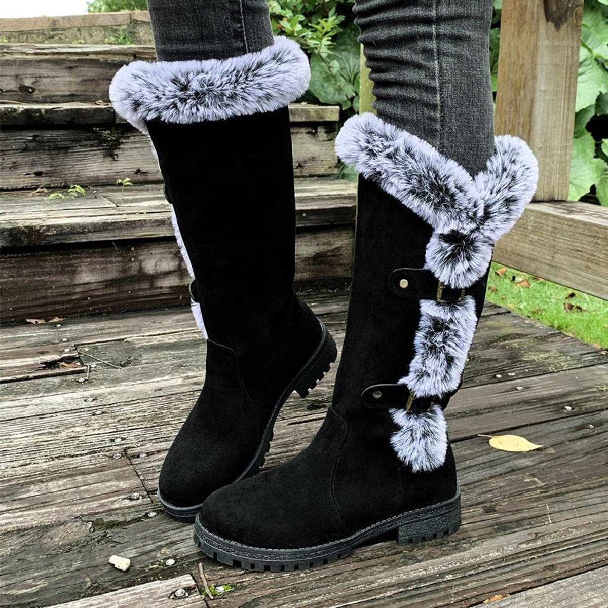 Scarlett | Women's Faux Suede Fur-Trim Buckle Knee High Boots