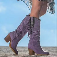 Olivia | Women's Fringed Suede Block-Heel Knee High Boots