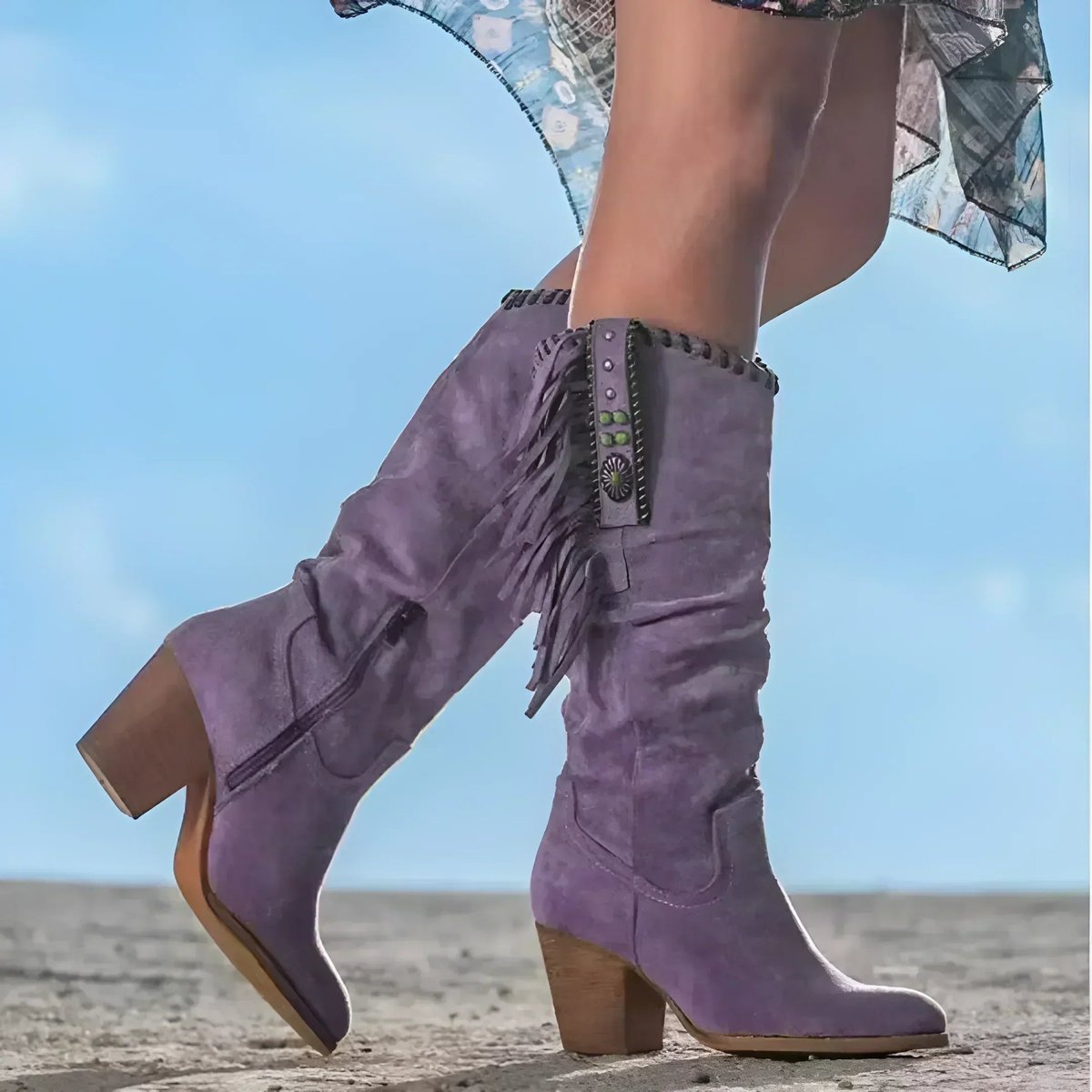 Olivia | Women's Fringed Suede Block-Heel Knee High Boots