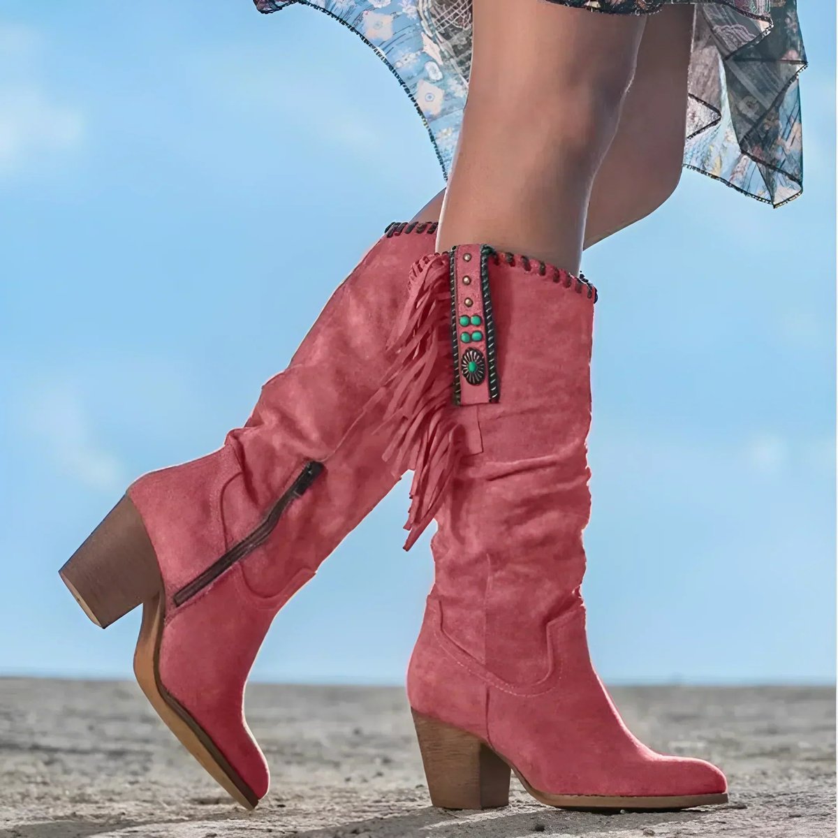 Olivia | Women's Fringed Suede Block-Heel Knee High Boots