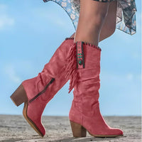 Olivia | Women's Fringed Suede Block-Heel Knee High Boots