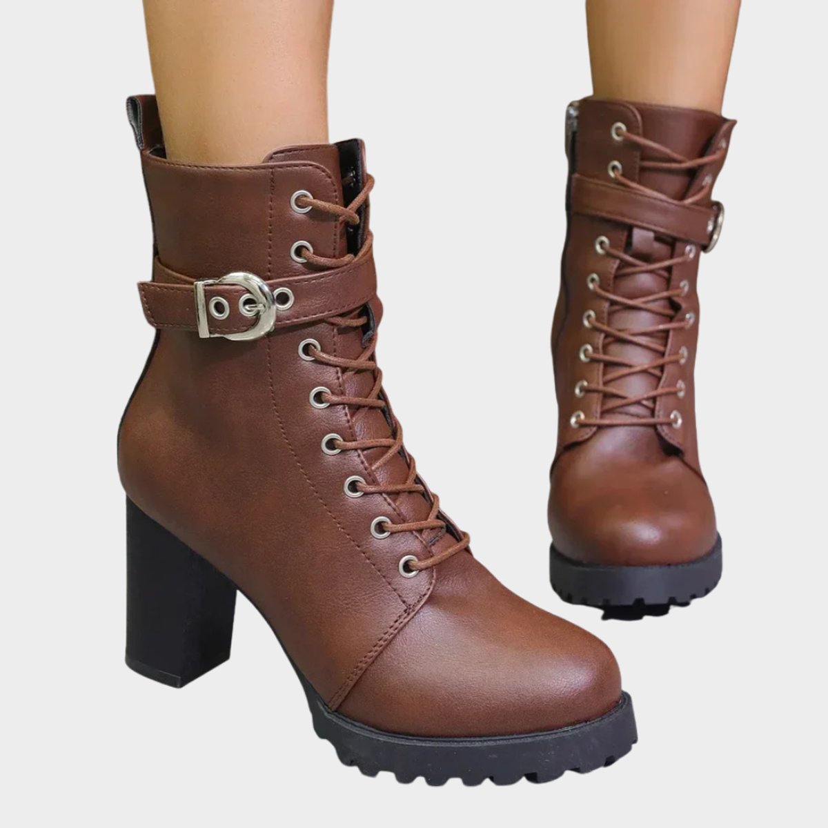 Adeline™ | Buckle Lace-Up Heeled Combat Boots