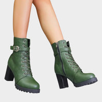 Adeline™ | Buckle Lace-Up Heeled Combat Boots