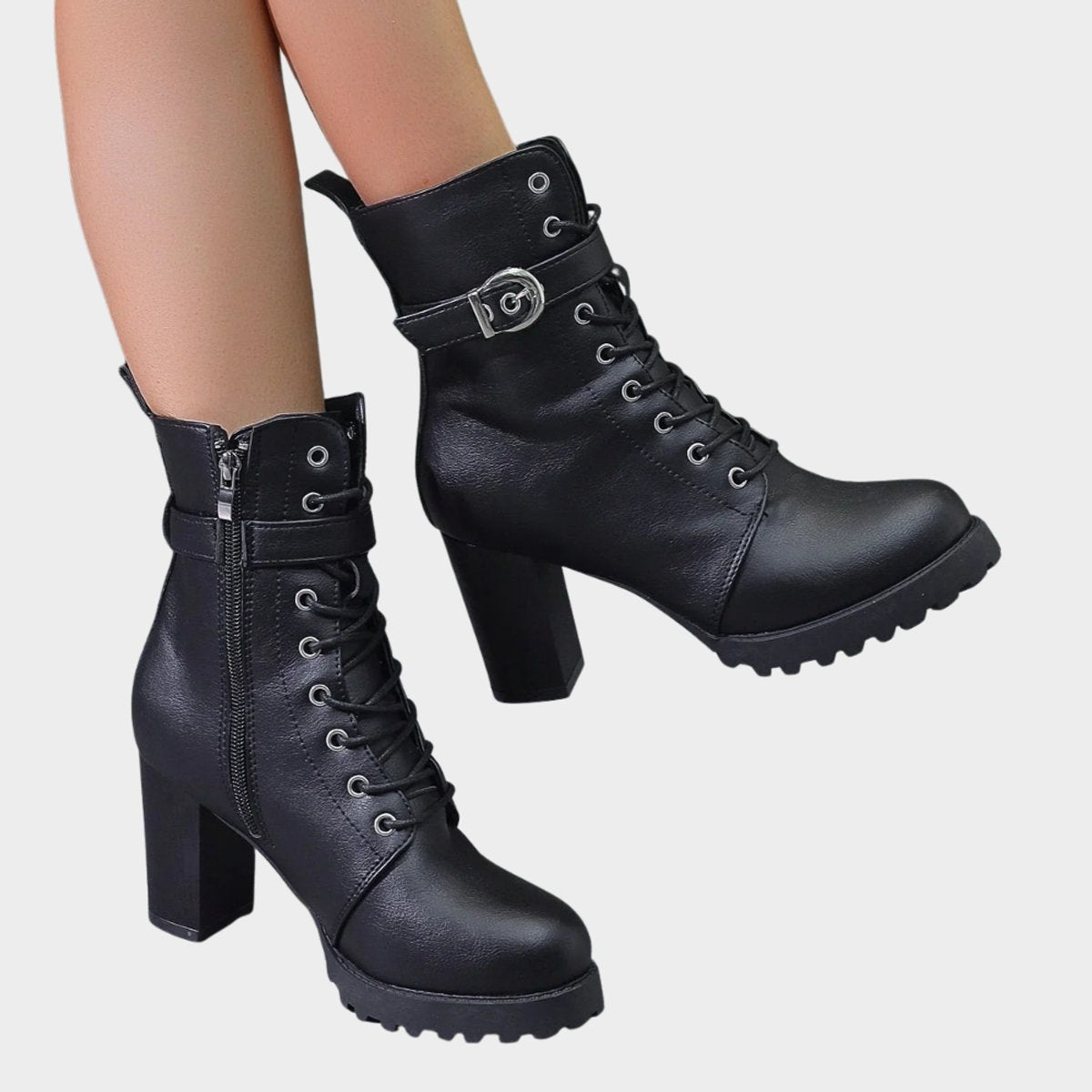 Adeline™ | Buckle Lace-Up Heeled Combat Boots
