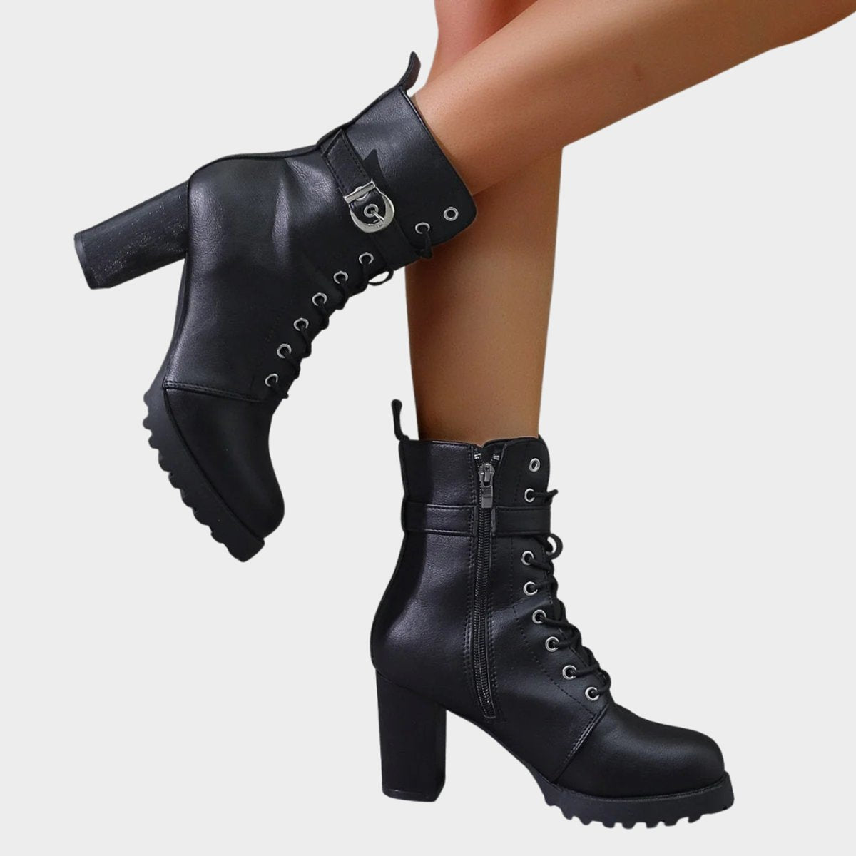 Adeline™ | Buckle Lace-Up Heeled Combat Boots
