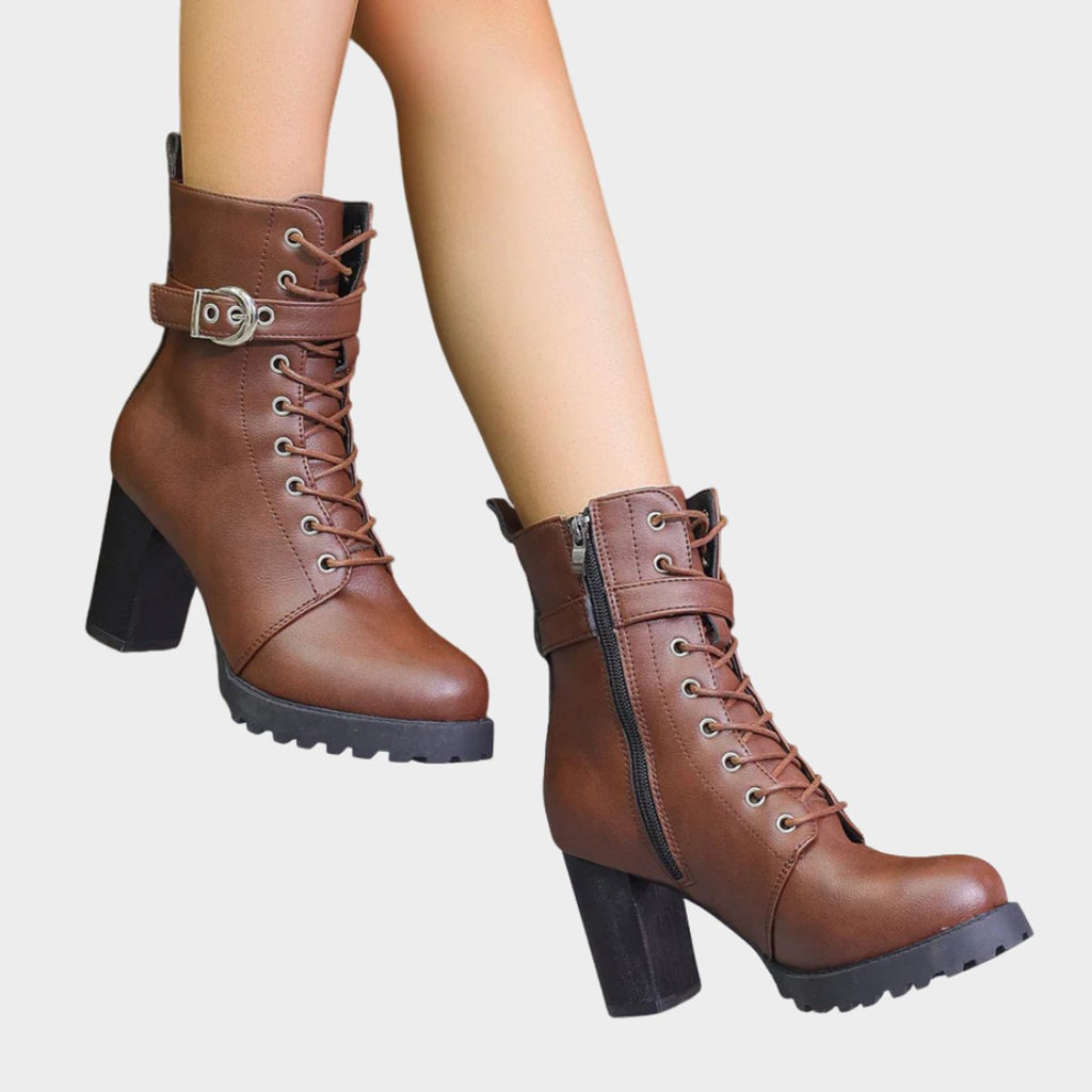 Adeline™ | Buckle Lace-Up Heeled Combat Boots