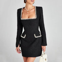 Cécile™ | Chic Tweed Mini Dress for Parties – Long Sleeve Square Neck Style