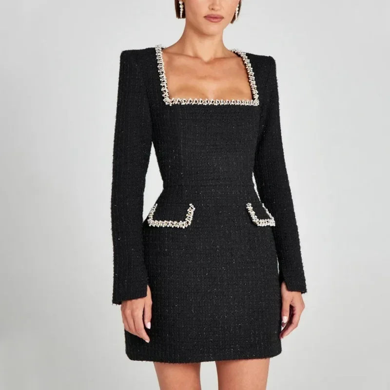 Cécile™ | Chic Tweed Mini Dress for Parties – Long Sleeve Square Neck Style
