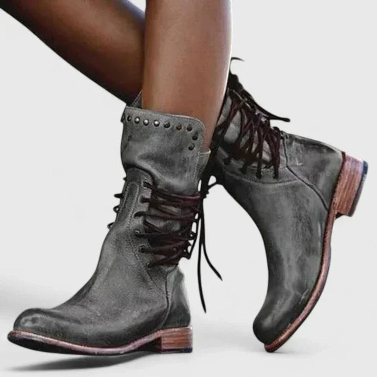 Ava | Women's Vintage Lace-Up Studded Knee High Boots Block Heel
