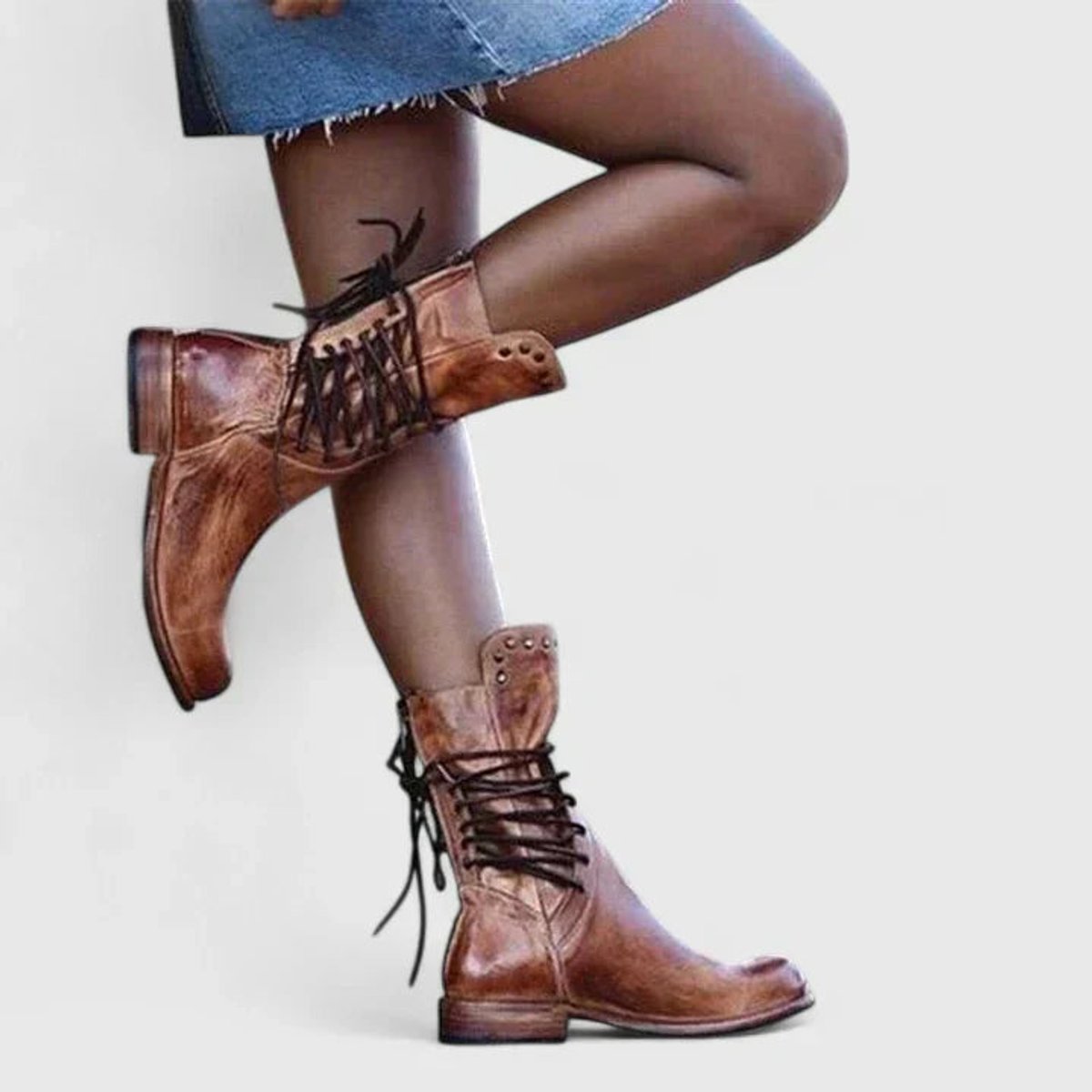 Ava | Women's Vintage Lace-Up Studded Knee High Boots Block Heel