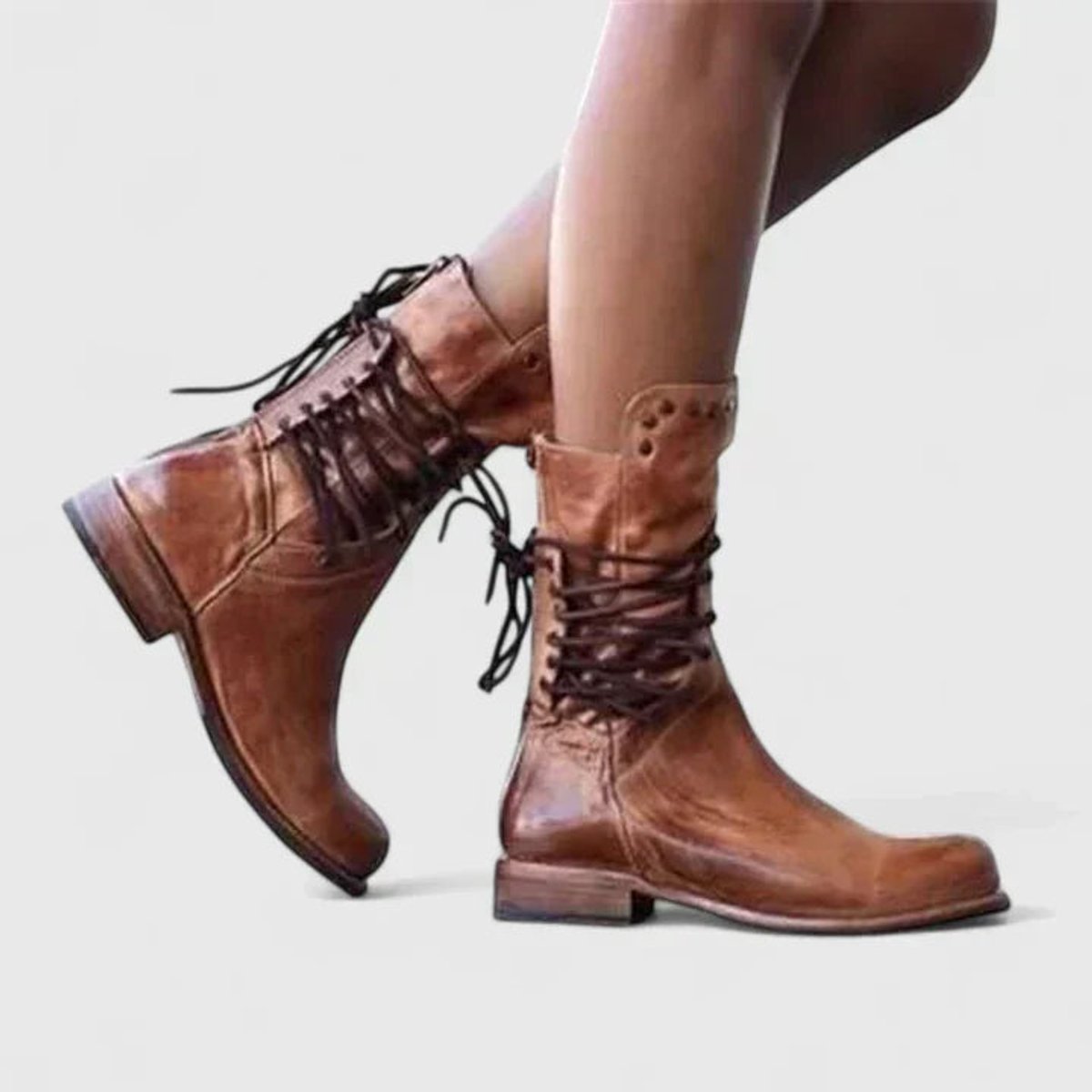 Ava | Women's Vintage Lace-Up Studded Knee High Boots Block Heel