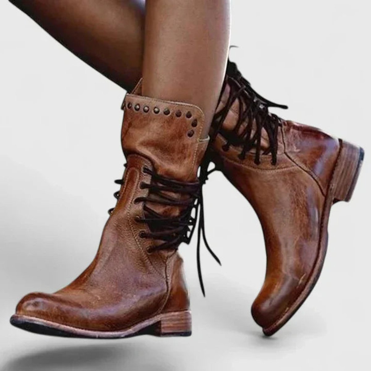 Ava | Women's Vintage Lace-Up Studded Knee High Boots Block Heel