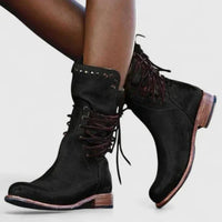 Ava | Women's Vintage Lace-Up Studded Knee High Boots Block Heel